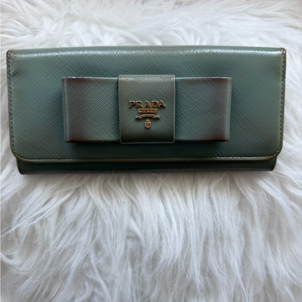 Prada Saffiano Bow Continental Wallet - Seafoam Green with Gold Logo